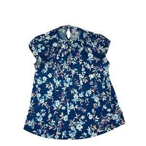 Elle Floral Print Tank Top sleeveless Ruffle Tie front Blouse Size Large Blue